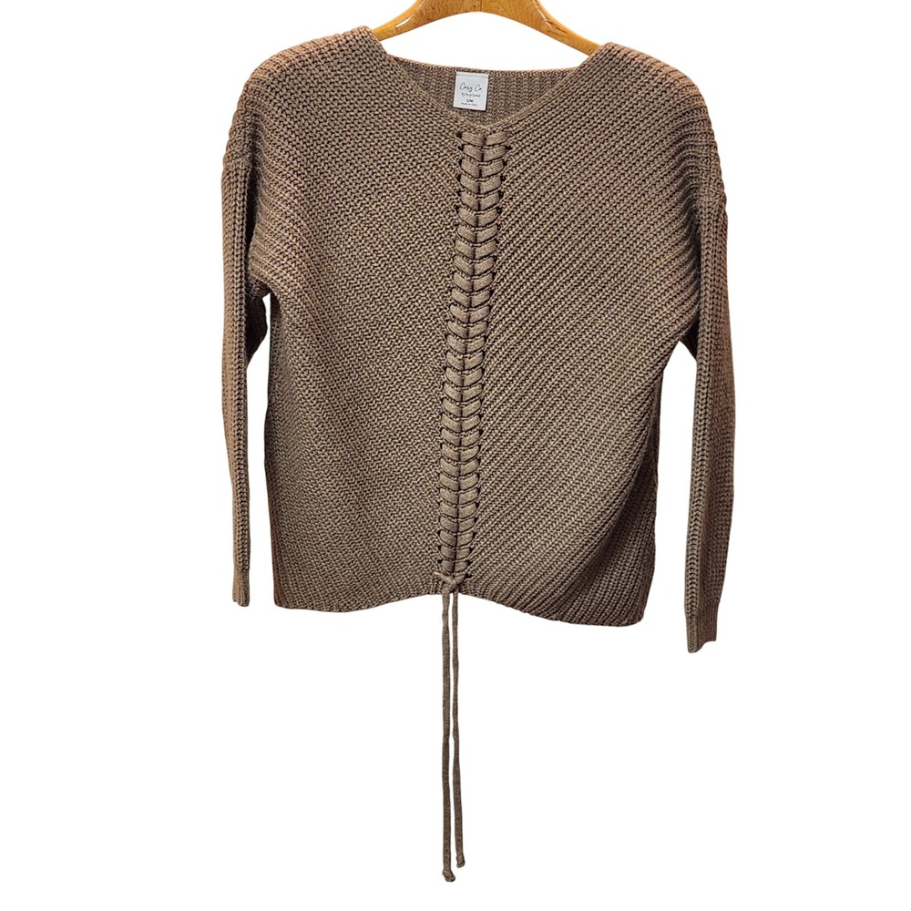 Cozy‎ Co By Cozy Casual Women Chunky Knit Sweater Lace Up Trendy Tan S/M Chic